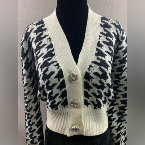 Houndstooth Lantern Sleeve Cardigan Black/White - Picture 7 of 9